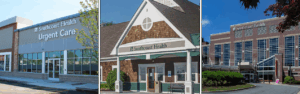 Exterior of Southcoast Health medical facilities, including an urgent care center, a main hospital building, and other healthcare buildings.