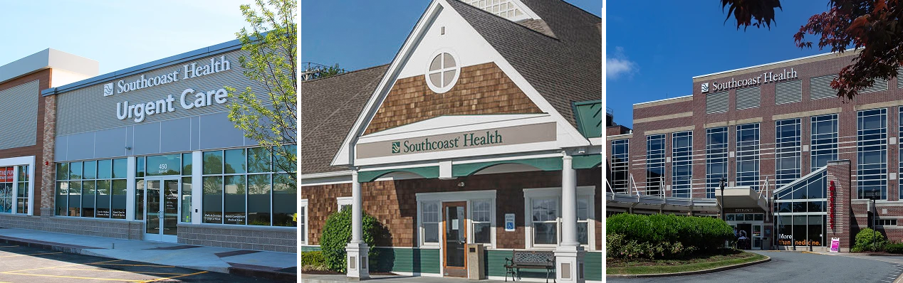 Exterior of Southcoast Health medical facilities, including an urgent care center, a main hospital building, and other healthcare buildings.